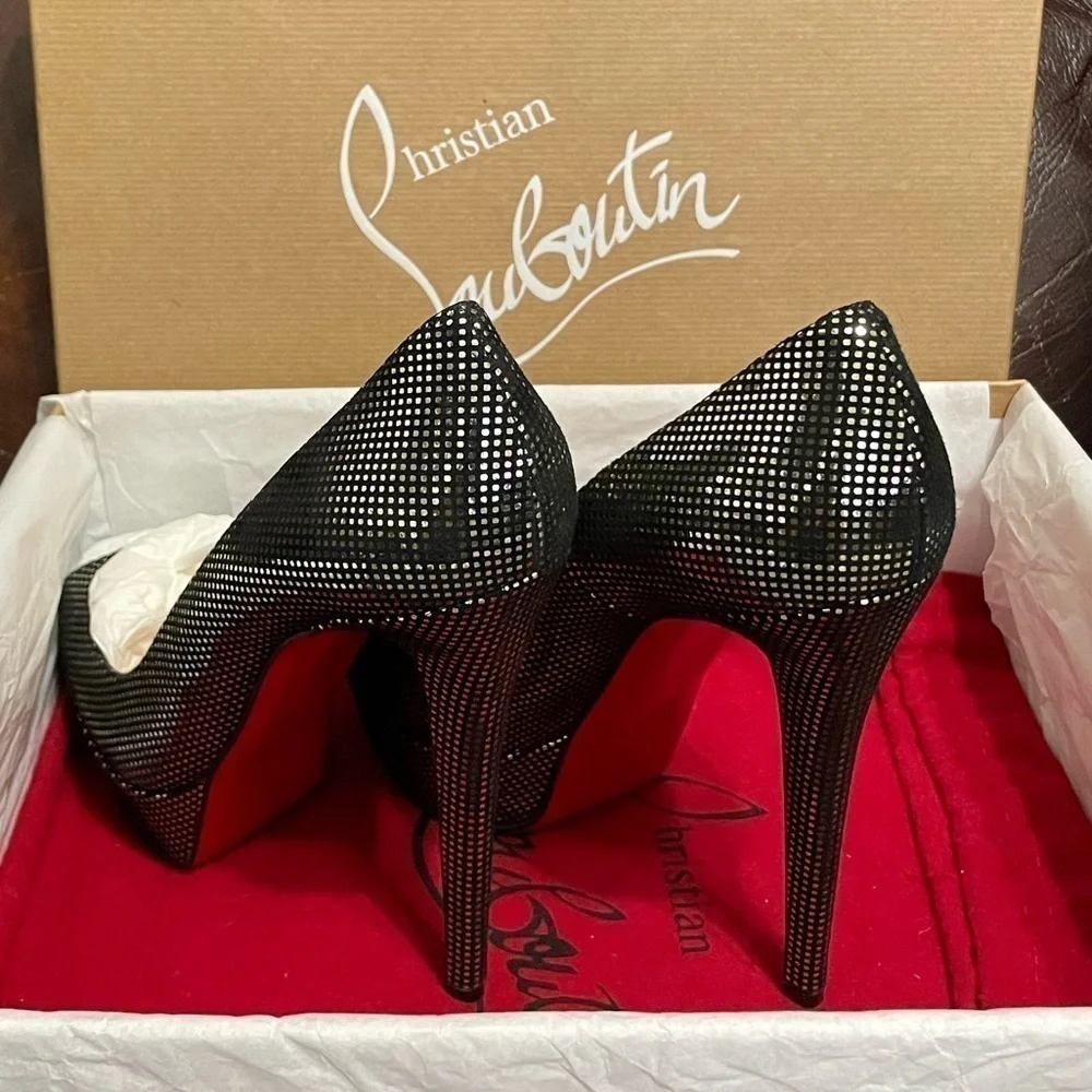 Christian Louboutin Lady Peep plaid polka glitter pump 140mm 1” platform EU38.5